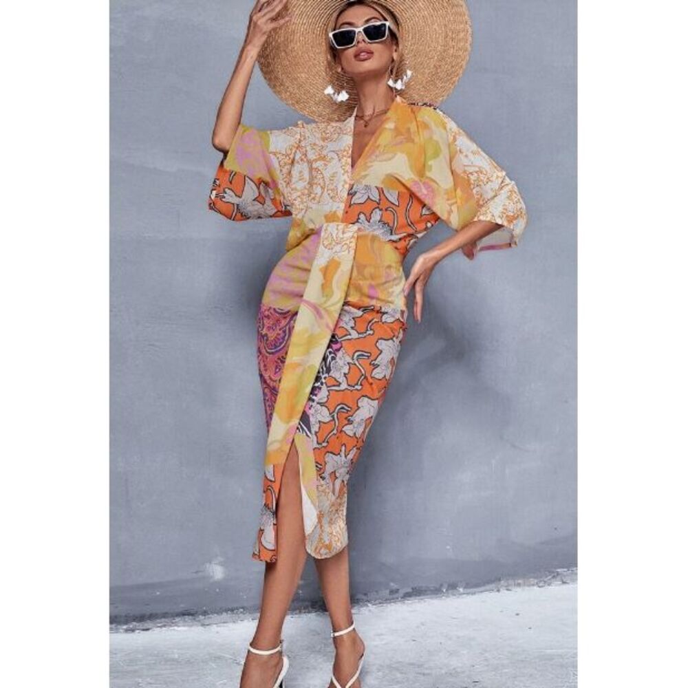 SHEIN VCAY Floral & Paisley Print‎ V Neck Batwing Sleeve Dress Size L (8/10)